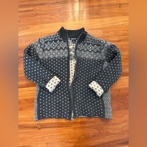 Vintage Lands' End Forest green and cream Patterned zip Cardigan